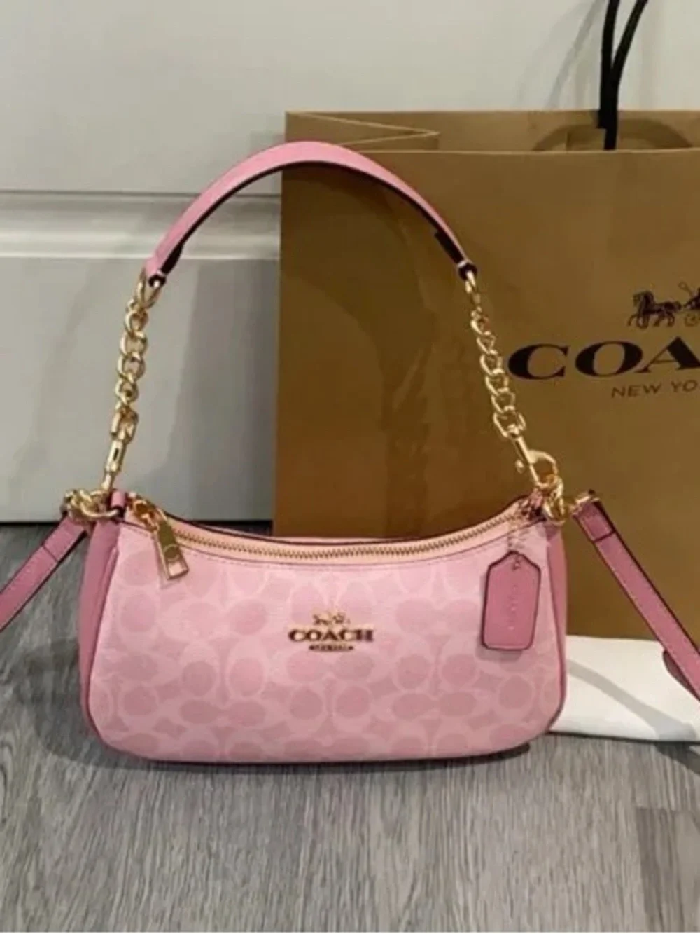 Coach Pink Signature Jacquard Small Shoulder Bag with Gold Hardware